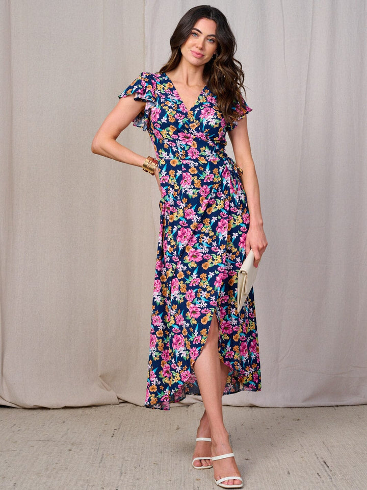 WOMEN'S SHORT SLEEVES SELF TIE HIGH-LOW FLORAL WRAP MAXI DRESS