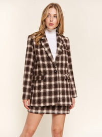 WOMEN'S LONG SLEEVE BUTTON CLOSURE FRONT POCKETS PLAID BLAZER