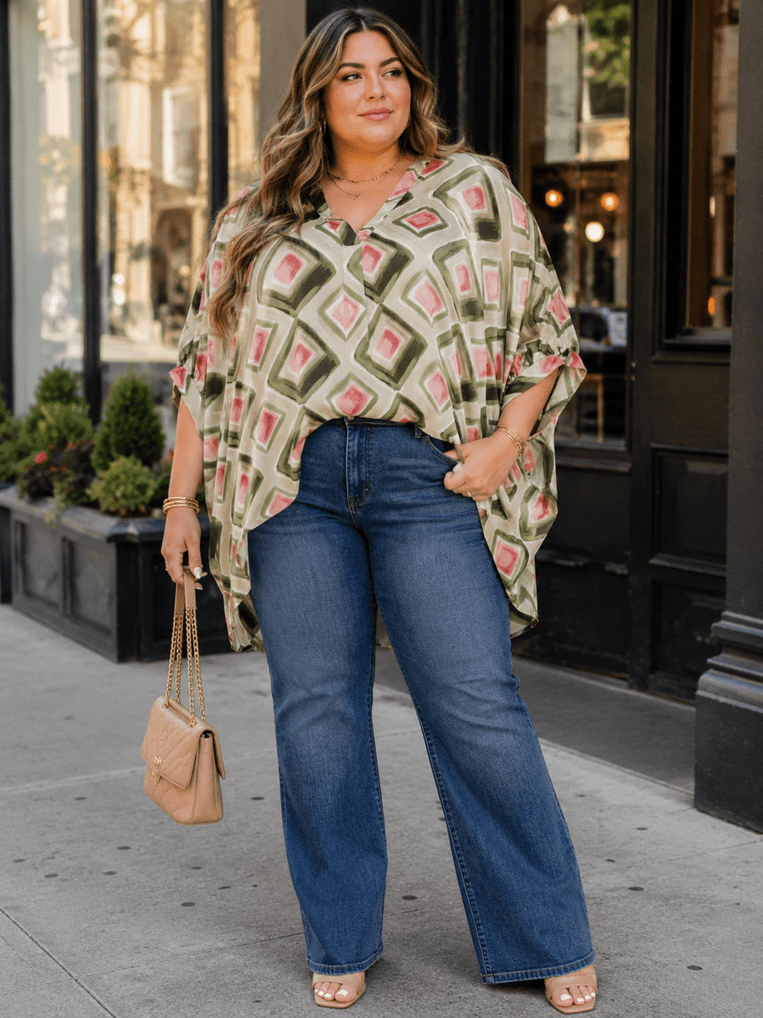 PLUS SIZE SHORT SLEEVE V-NECK MULTI PRINT TUNIC BLOUSE