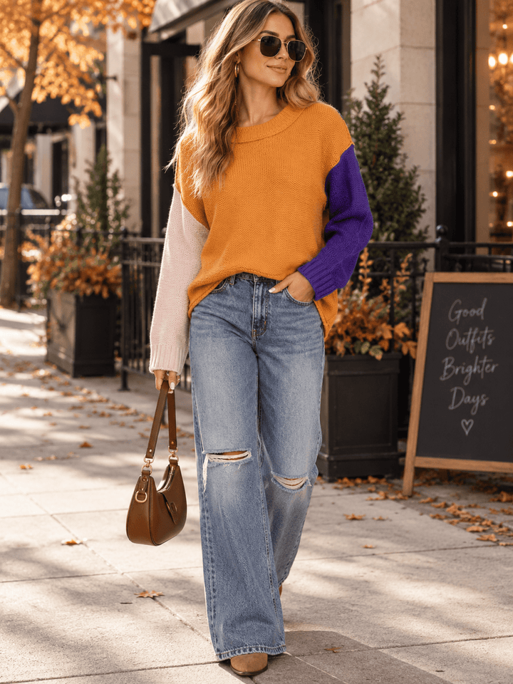 WOMEN'S LONG SLEEVE COLORBLOCK PULLOVER SWEATER