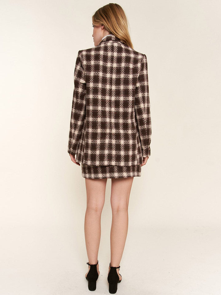 WOMEN'S LONG SLEEVE BUTTON CLOSURE FRONT POCKETS PLAID BLAZER