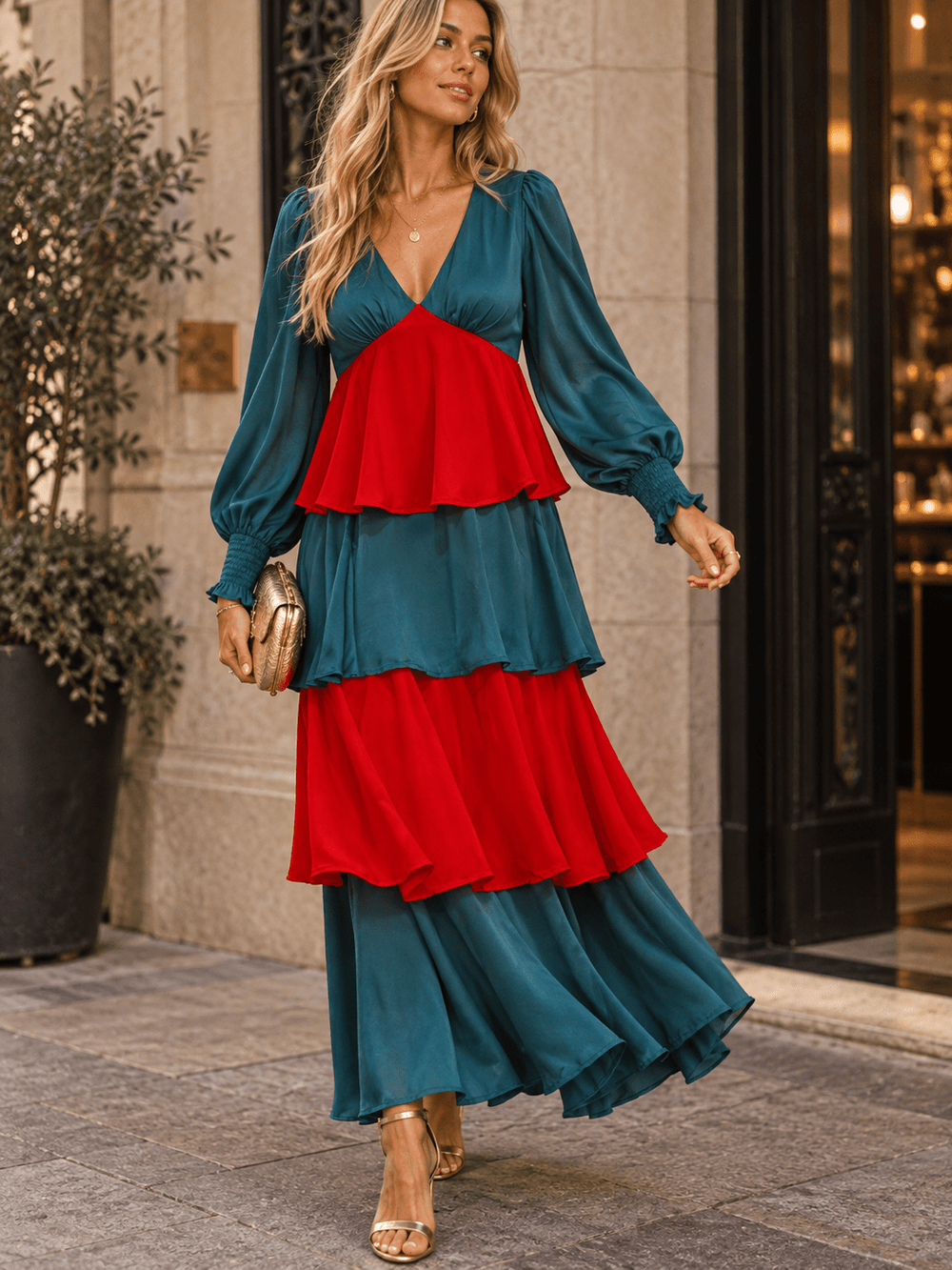 WOMEN'S LONG SLEEVE V-NECK RUFFLE TIERED COLORBLOCK MAXI DRESS