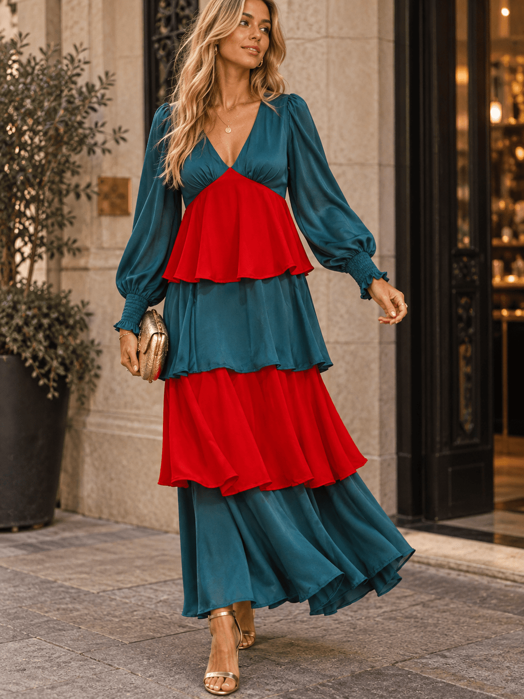 WOMEN'S LONG SLEEVE V-NECK RUFFLE TIERED COLORBLOCK MAXI DRESS