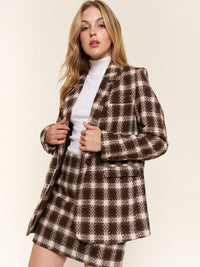 WOMEN'S LONG SLEEVE BUTTON CLOSURE FRONT POCKETS PLAID BLAZER