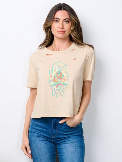 WOMEN'S SHORT SLEEVE GRAPHIC DISTRESSED TOP