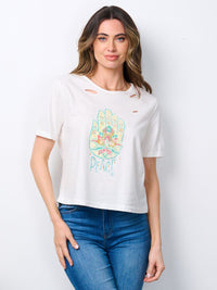 WOMEN'S SHORT SLEEVE GRAPHIC DISTRESSED TOP