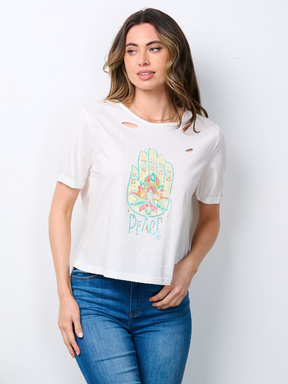 WOMEN'S SHORT SLEEVE GRAPHIC DISTRESSED TOP