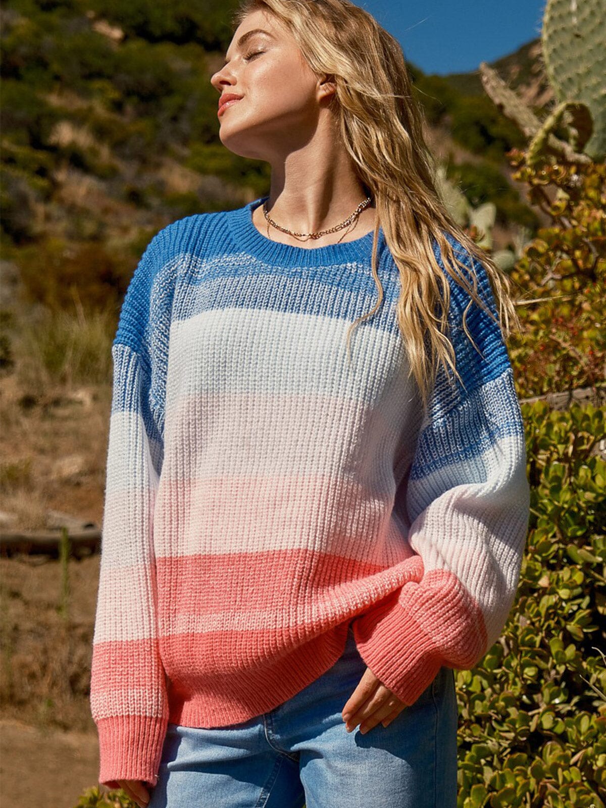 WOMEN'S LONG SLEEVE COLORBLOCK STRIPES PULLOVER SWEATER