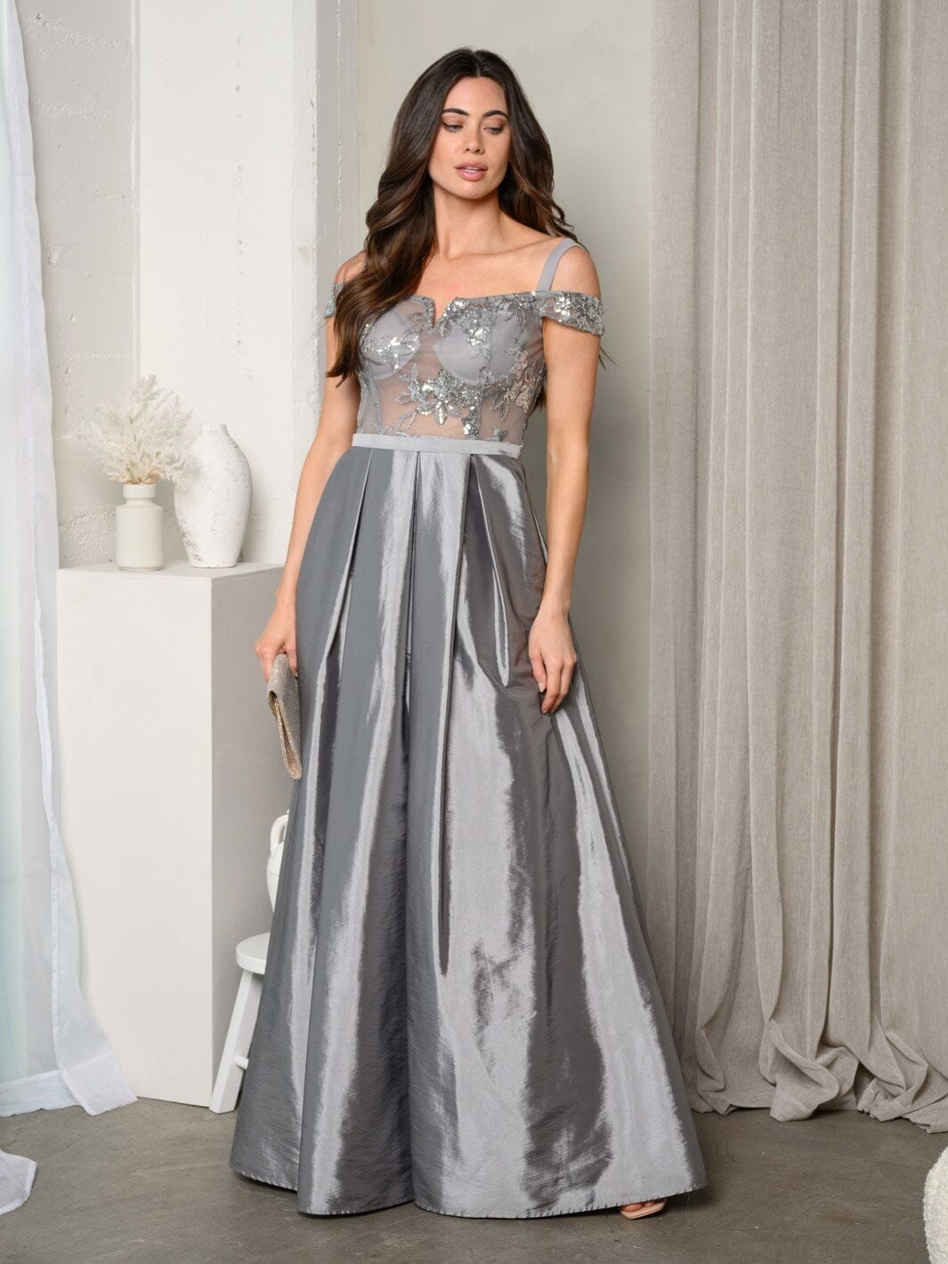 WOMEN'S SHORT SLEEVE EMBROIDERY MESH SATIN GOWN DRESS