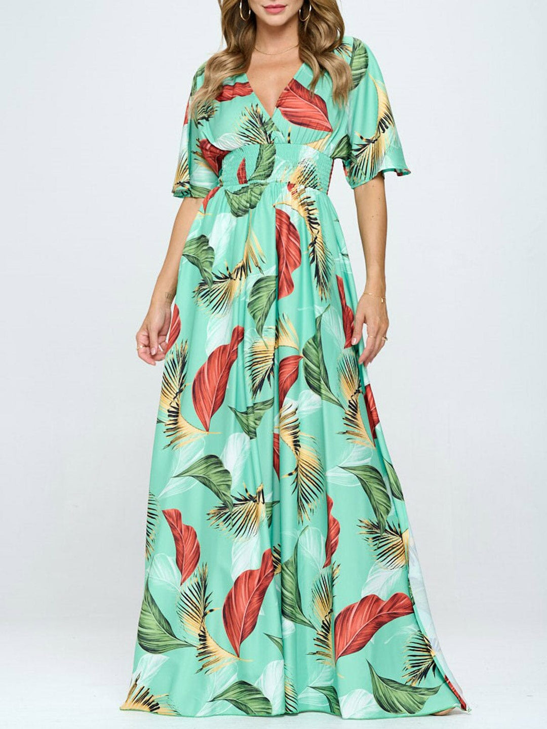 WOMEN'S SHORT SLEEVE SURPLICE SMOCK WAIST PRINTED MAXI DRESS