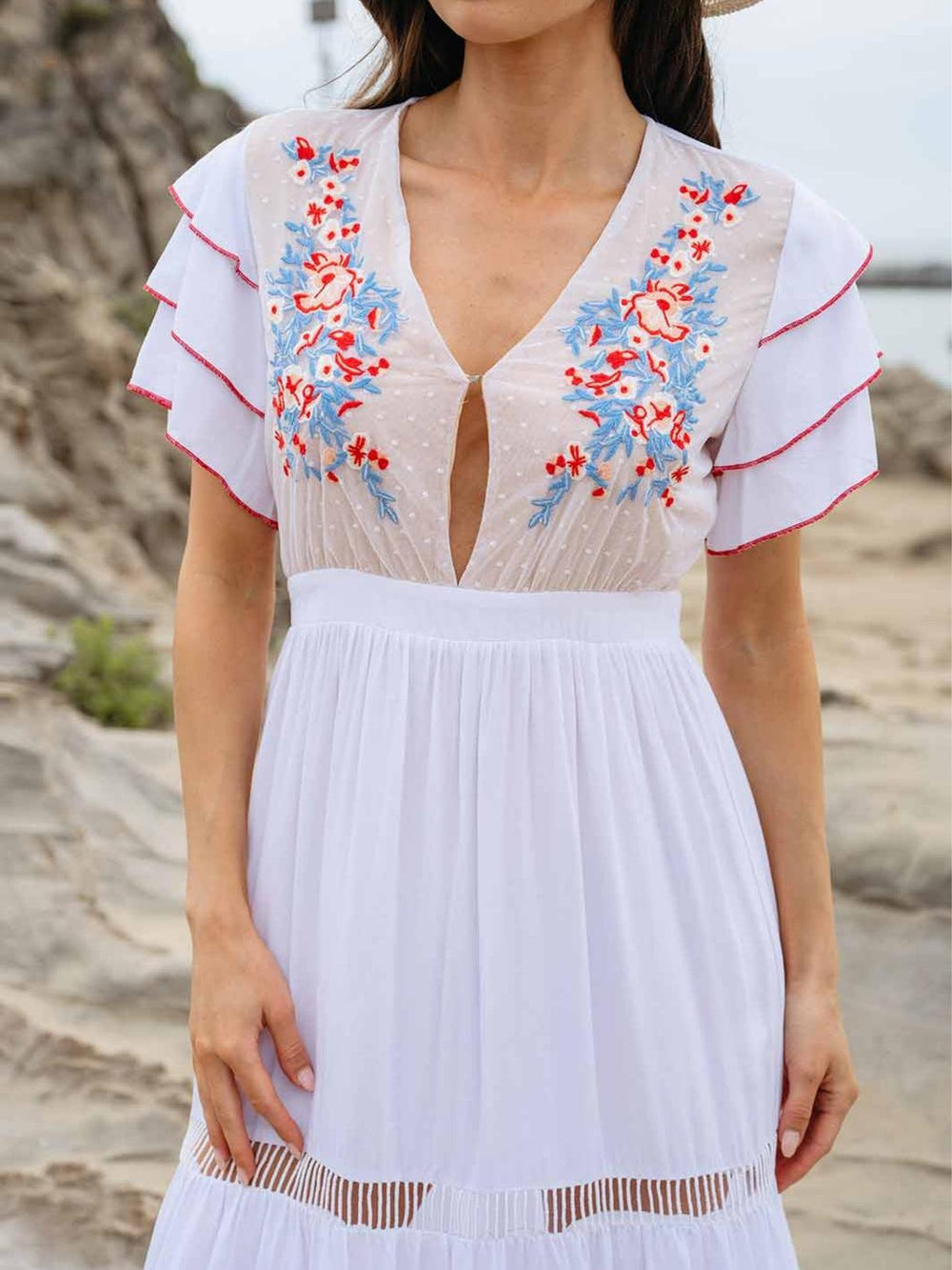 WOMEN'S SHORT RUFFLE SLEEVE EMBROIDERY MAXI DRESS