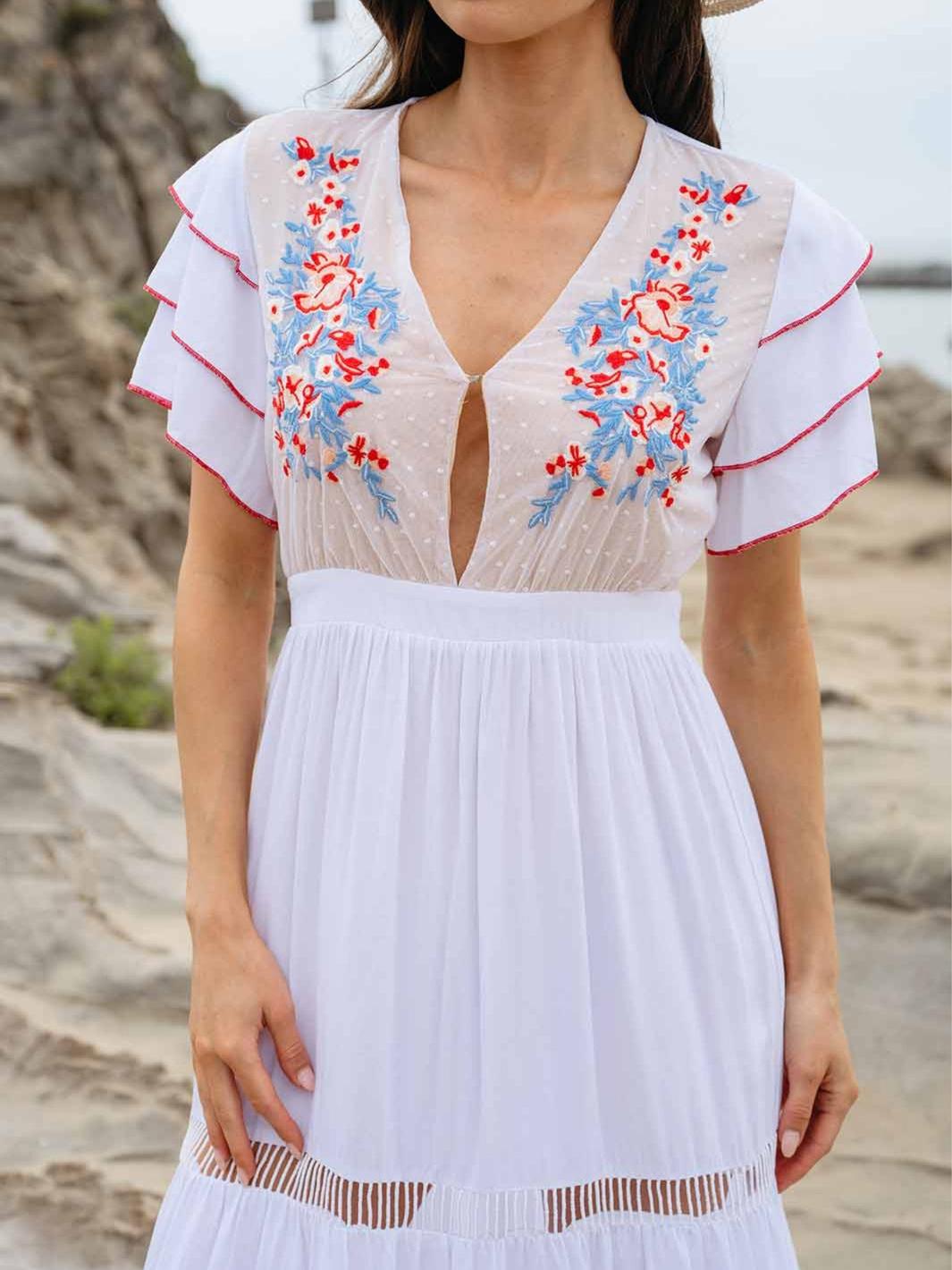 WOMEN'S SHORT RUFFLE SLEEVE EMBROIDERY MAXI DRESS