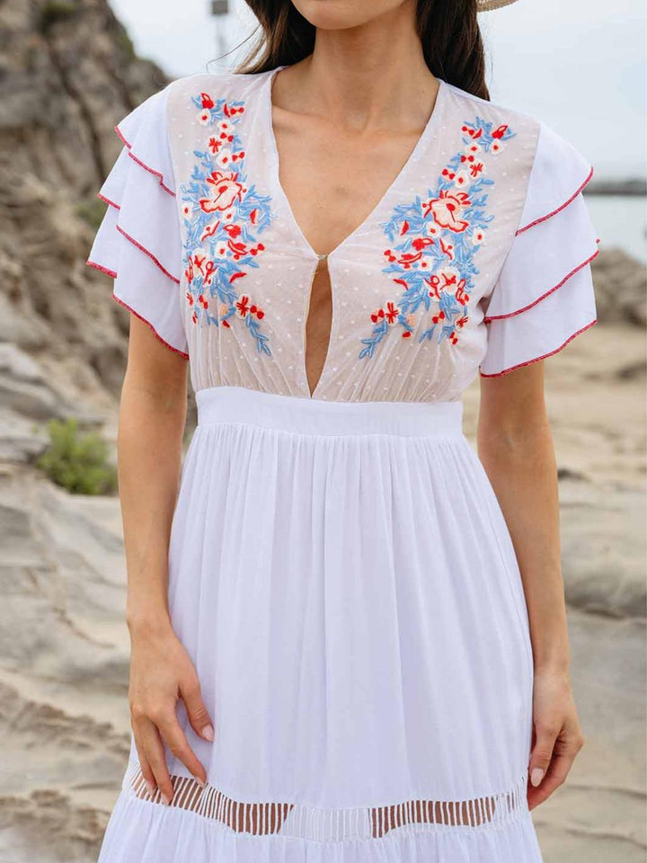 WOMEN'S SHORT RUFFLE SLEEVE EMBROIDERY MAXI DRESS