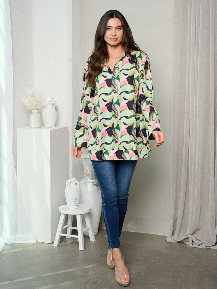 WOMEN'S LONG SLEEVE COLORBLOCK MULTI PRINT TUNIC TOP