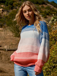 WOMEN'S LONG SLEEVE COLORBLOCK STRIPES PULLOVER SWEATER