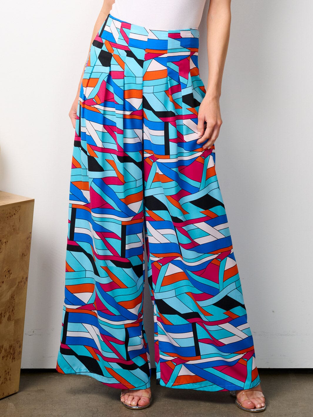 WOMEN'S ZIP UP MULTI PRINT WIDE LEG PALAZZO PANTS