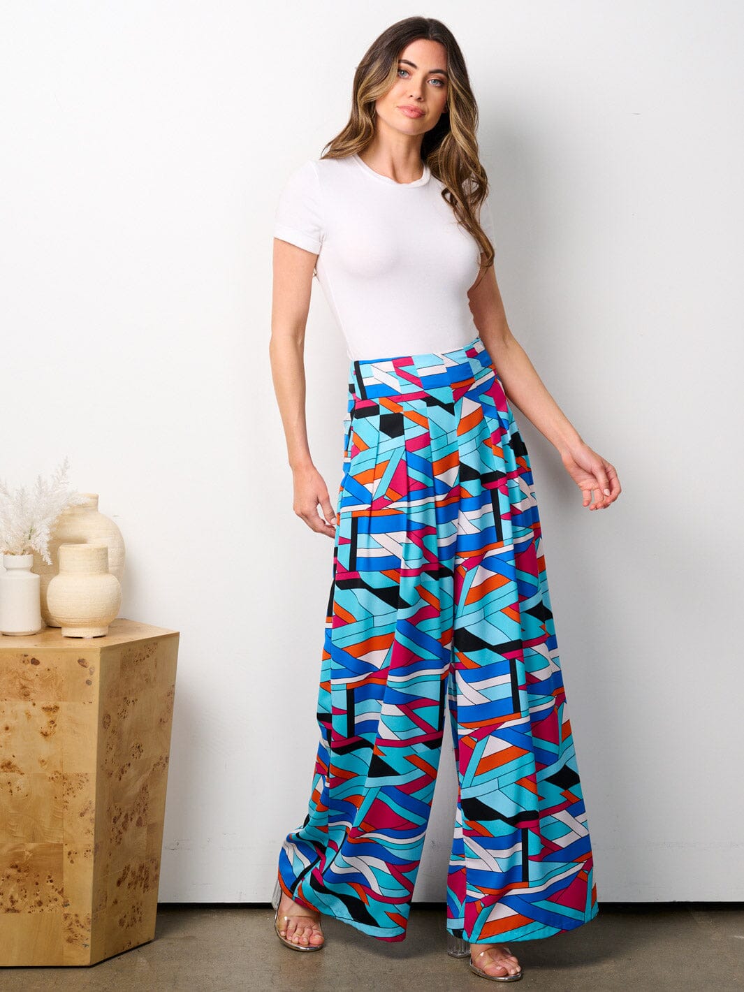 WOMEN'S ZIP UP MULTI PRINT WIDE LEG PALAZZO PANTS