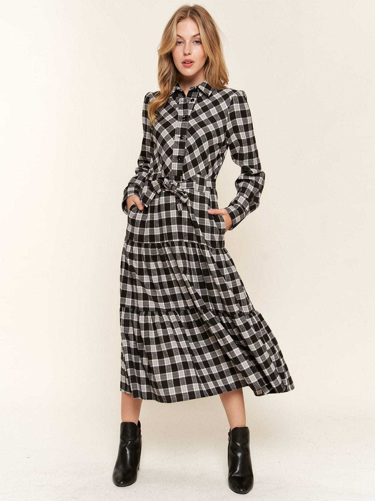 WOMEN'S LONG SLEEVE BUTTON UP POCKETS SELF TIE TIERED PLAID MAXI DRESS