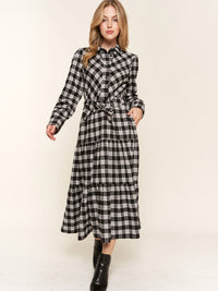 WOMEN'S LONG SLEEVE BUTTON UP POCKETS SELF TIE TIERED PLAID MAXI DRESS
