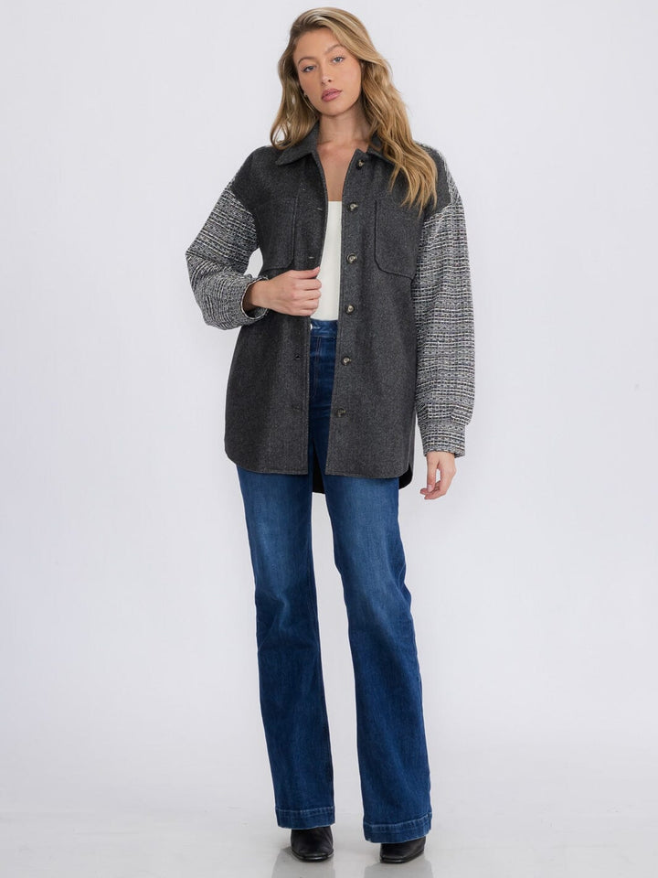 WOMEN'S LONG SLEEVE BUTTON CLOSURE FRONT POCKETS COLORBLOCK CONTRAST SHACKET