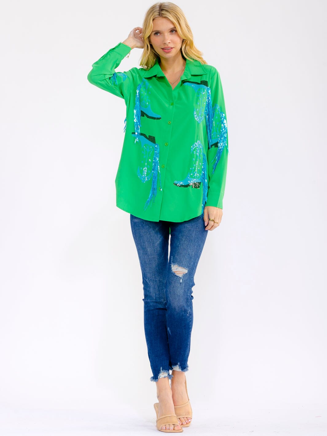 WOMEN'S LONG SLEEVE BUTTON UP HIGH-LOW SEQUINS FRINGE TOP