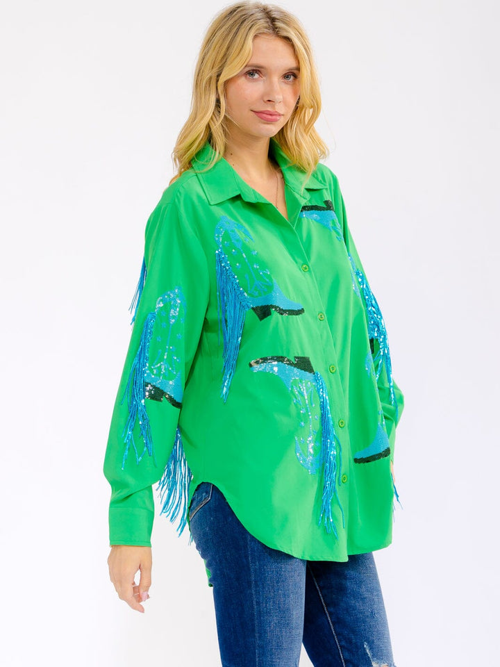 WOMEN'S LONG SLEEVE BUTTON UP HIGH-LOW SEQUINS FRINGE TOP