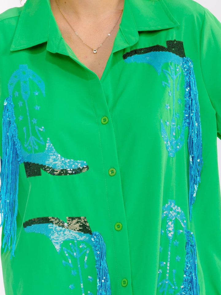 WOMEN'S LONG SLEEVE BUTTON UP HIGH-LOW SEQUINS FRINGE TOP