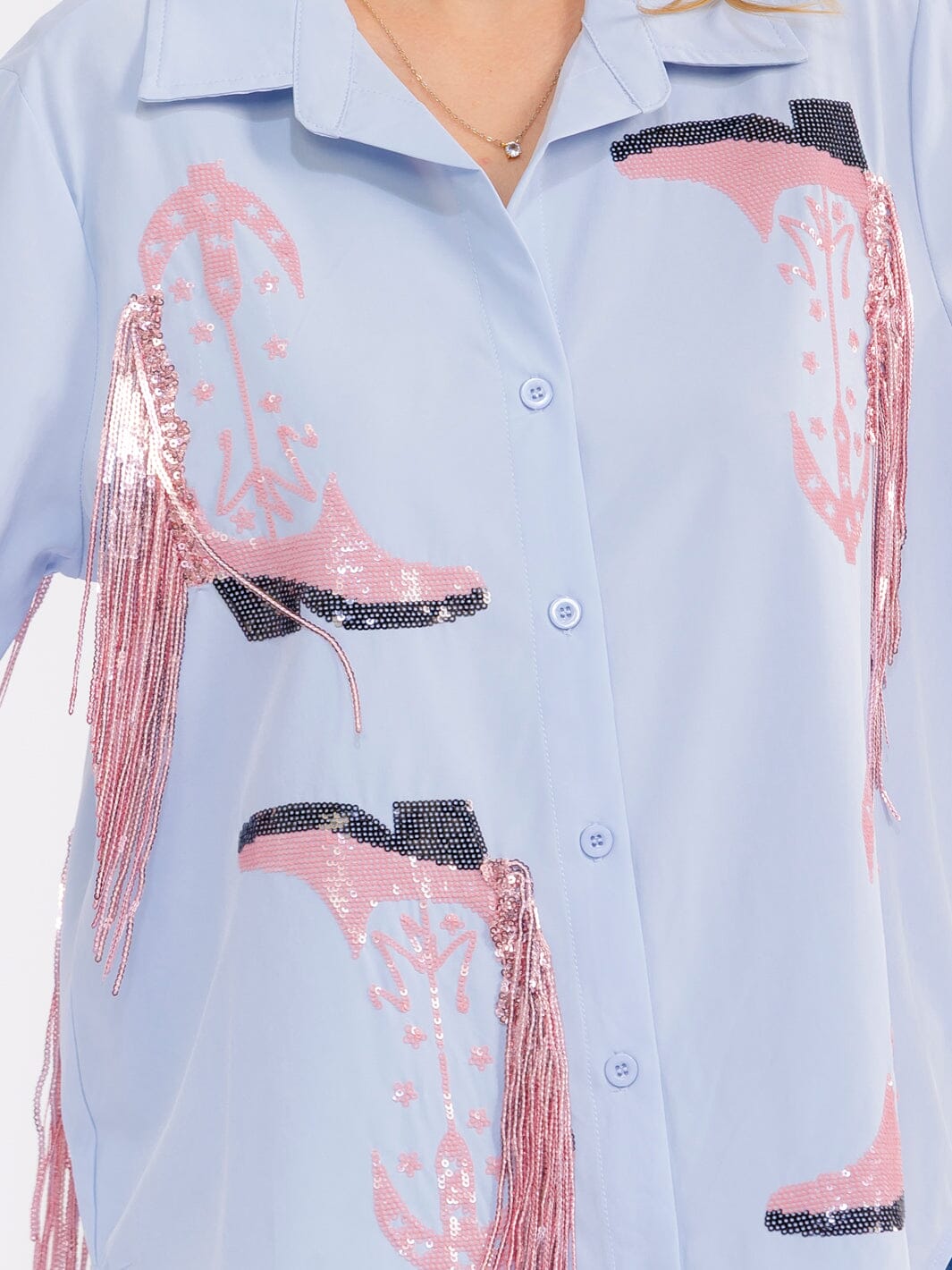 WOMEN'S LONG SLEEVE BUTTON UP HIGH-LOW SEQUINS FRINGE TOP