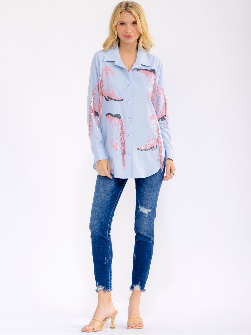 WOMEN'S LONG SLEEVE BUTTON UP HIGH-LOW SEQUINS FRINGE TOP