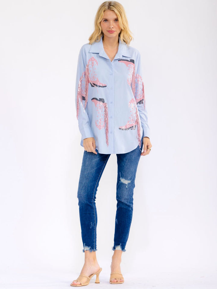 WOMEN'S LONG SLEEVE BUTTON UP HIGH-LOW SEQUINS FRINGE TOP