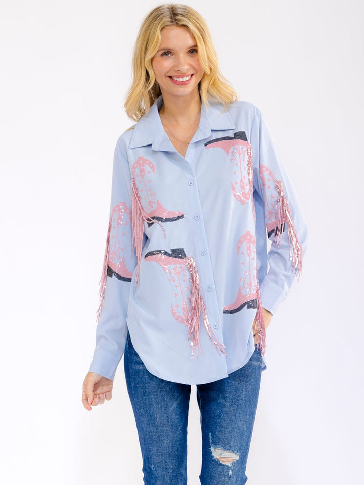 WOMEN'S LONG SLEEVE BUTTON UP HIGH-LOW SEQUINS FRINGE TOP