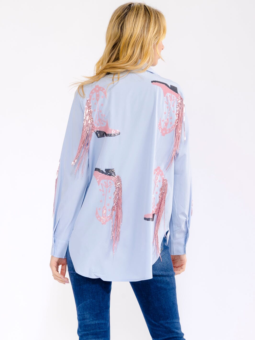 WOMEN'S LONG SLEEVE BUTTON UP HIGH-LOW SEQUINS FRINGE TOP