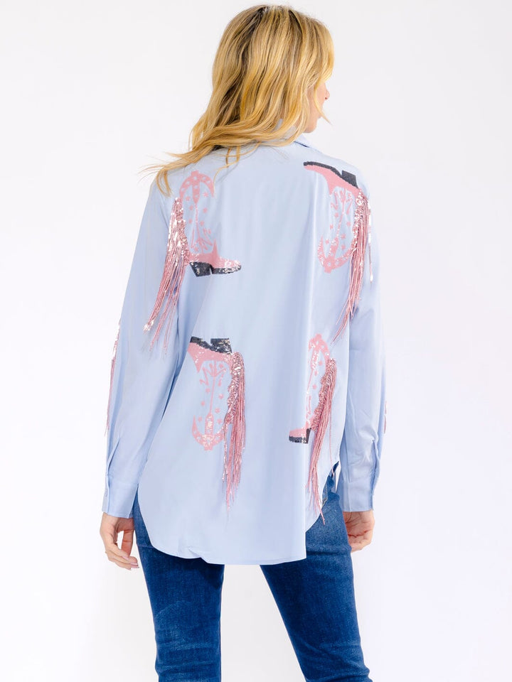 WOMEN'S LONG SLEEVE BUTTON UP HIGH-LOW SEQUINS FRINGE TOP