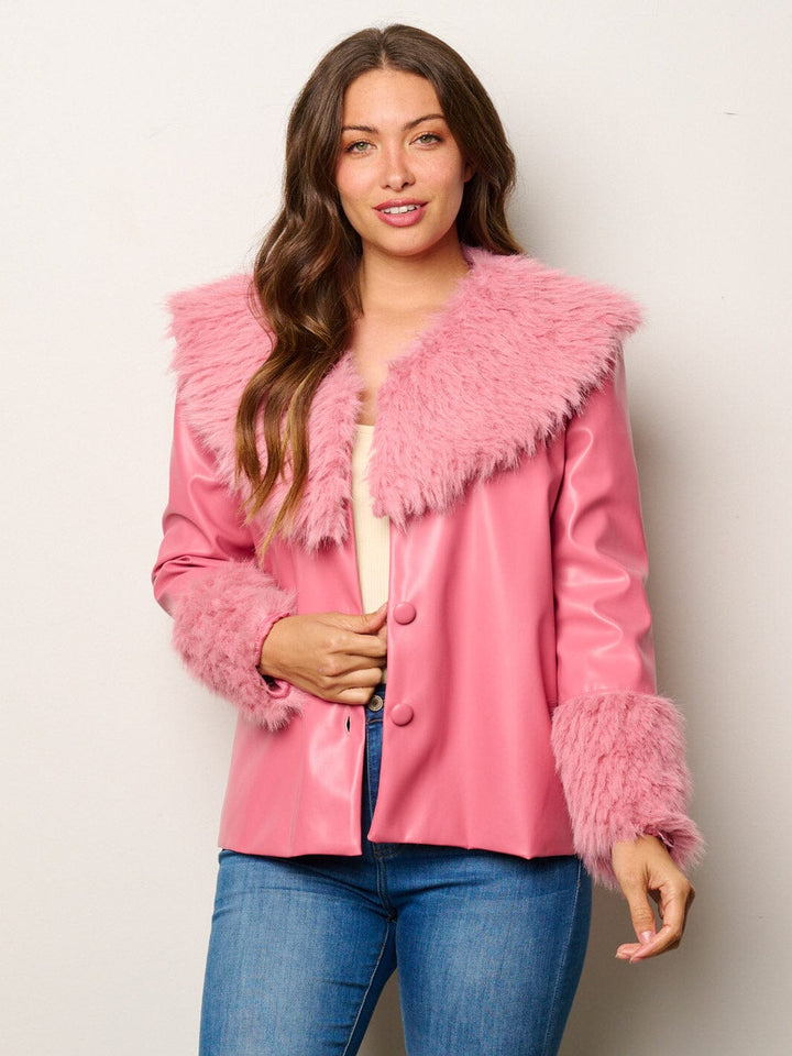 WOMEN'S LONG SLEEVE BUTTON CLOSURE PU PLEATHER JACKET