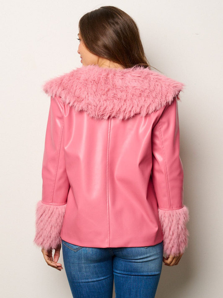 WOMEN'S LONG SLEEVE BUTTON CLOSURE PU PLEATHER JACKET