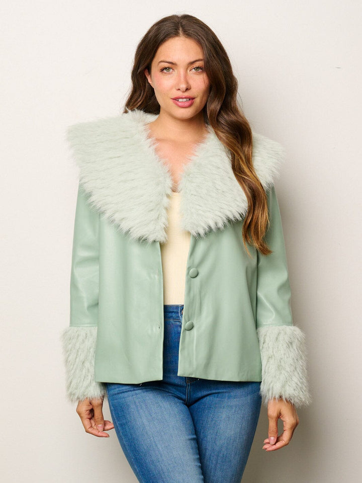 WOMEN'S LONG SLEEVE BUTTON CLOSURE PU PLEATHER JACKET