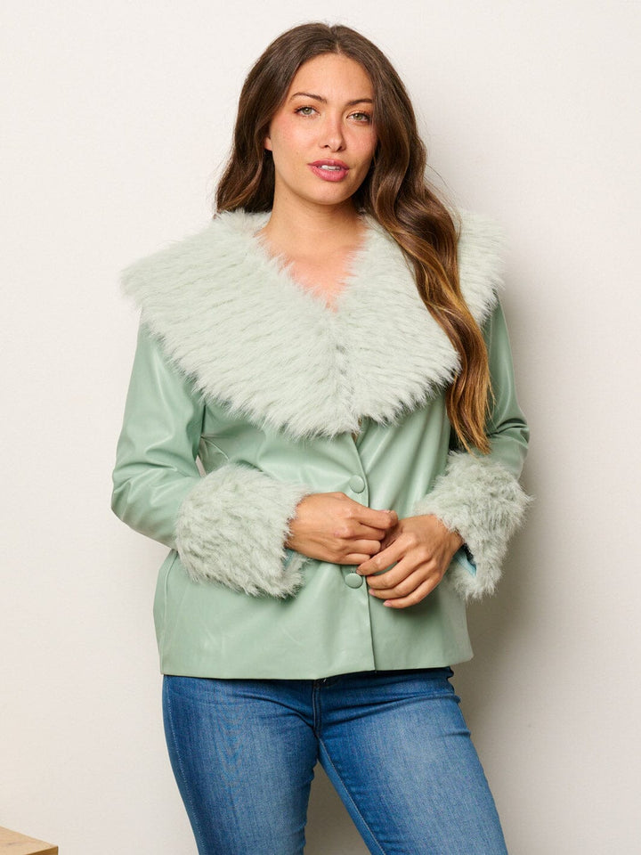 WOMEN'S LONG SLEEVE BUTTON CLOSURE PU PLEATHER JACKET