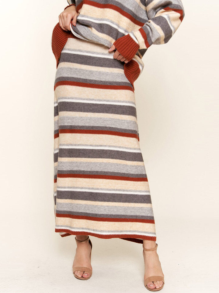WOMEN'S ELASTIC WAIST COLORBLOCK STRIPES MAXI SKIRT