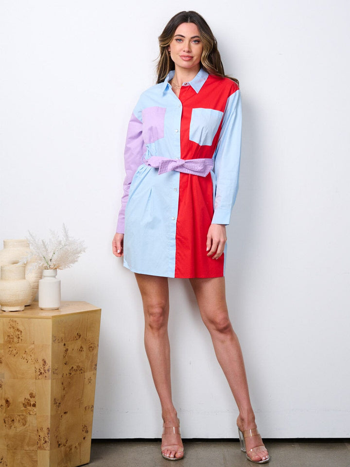 WOMEN'S LONG SLEEVE BUTTON UP COLORBLOCK MINI DRESS