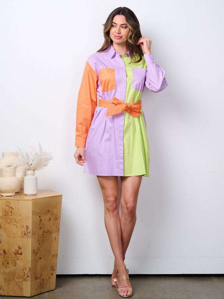 WOMEN'S LONG SLEEVE BUTTON UP COLORBLOCK MINI DRESS