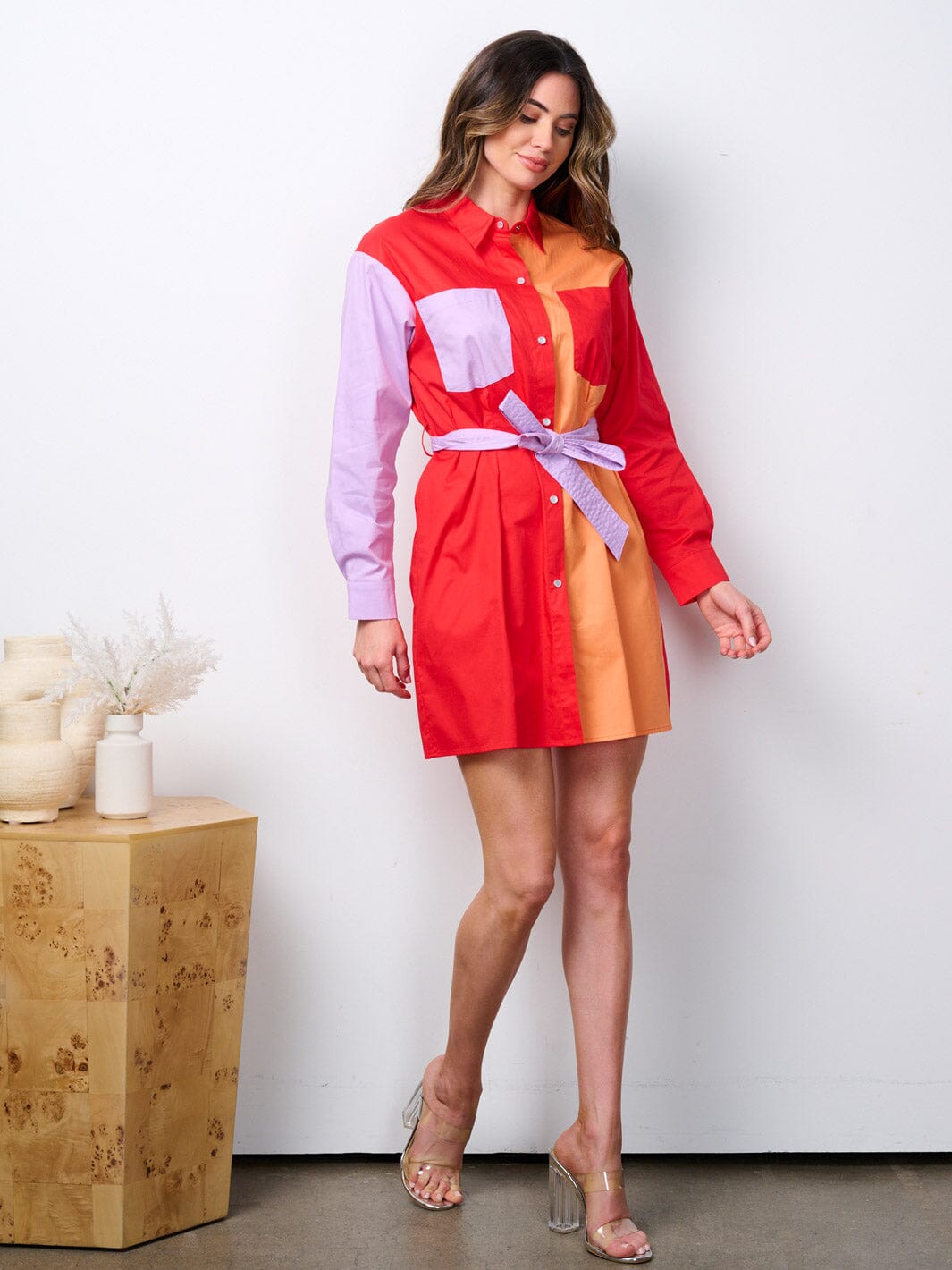 WOMEN'S LONG SLEEVE BUTTON UP COLORBLOCK MINI DRESS