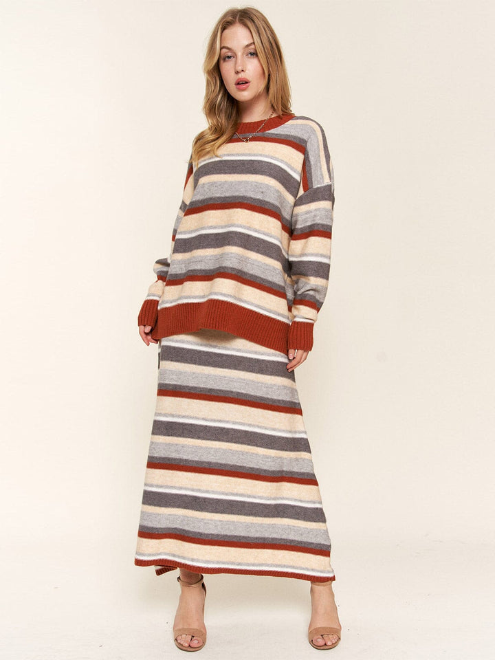 WOMEN'S ELASTIC WAIST COLORBLOCK STRIPES MAXI SKIRT