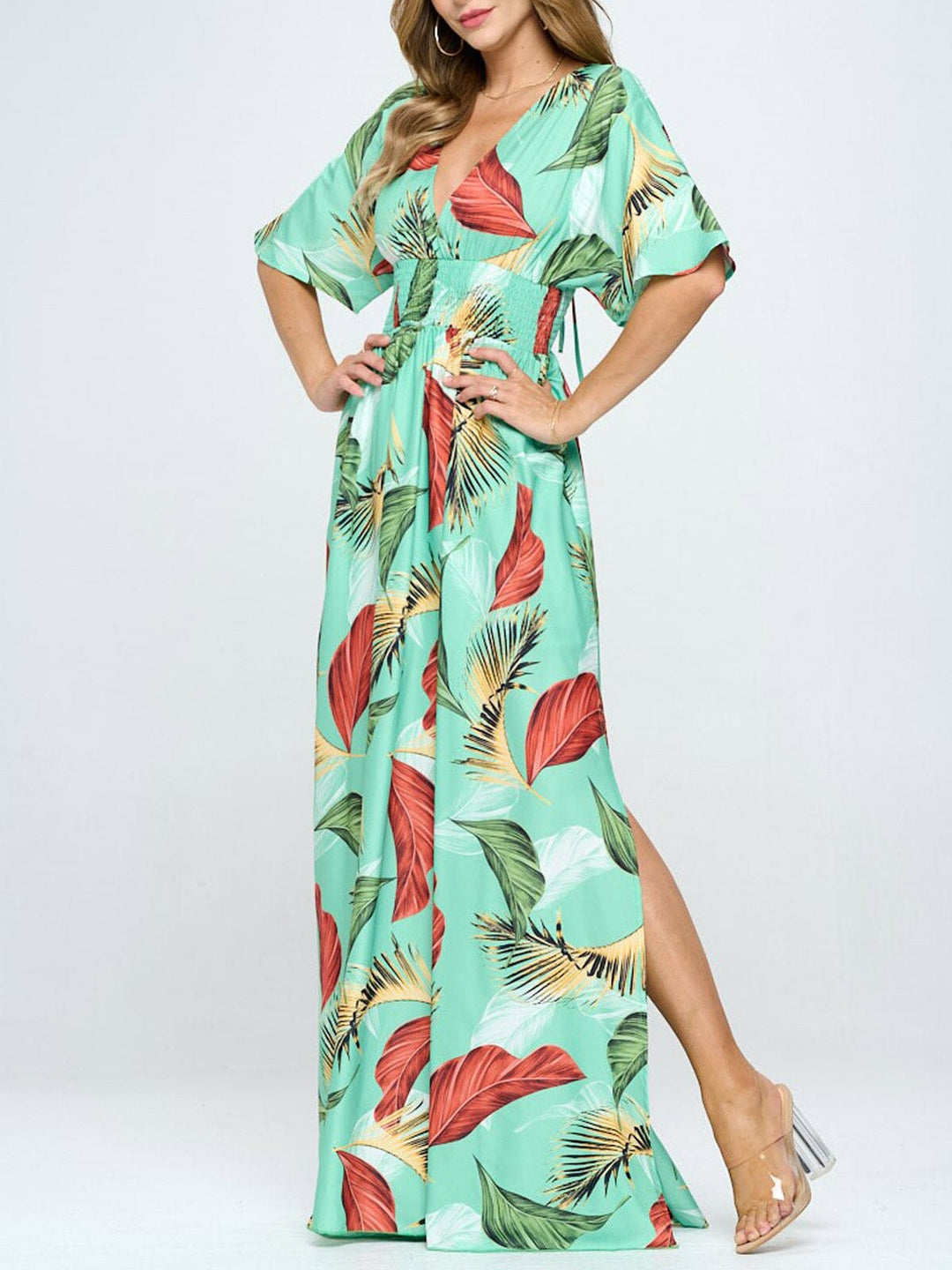 WOMEN'S SHORT SLEEVE SURPLICE SMOCK WAIST PRINTED MAXI DRESS