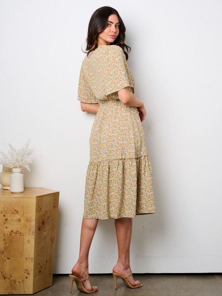WOMEN'S SHORT SLEEVE SQUARE NECK SMOCK WAIST FLORAL MIDI DRESS