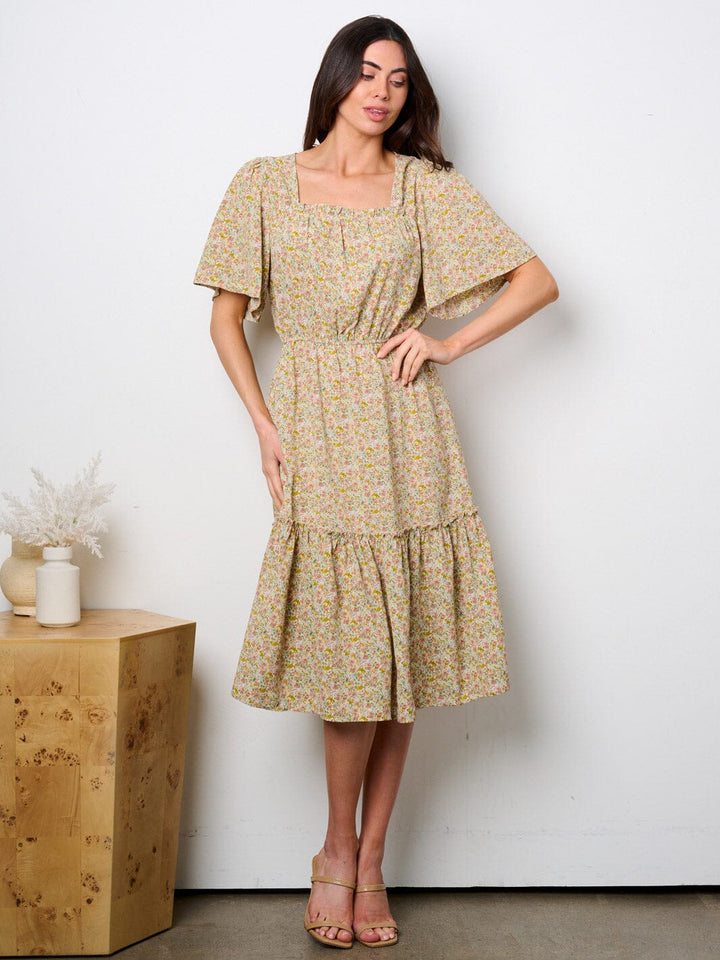 WOMEN'S SHORT SLEEVE SQUARE NECK SMOCK WAIST FLORAL MIDI DRESS