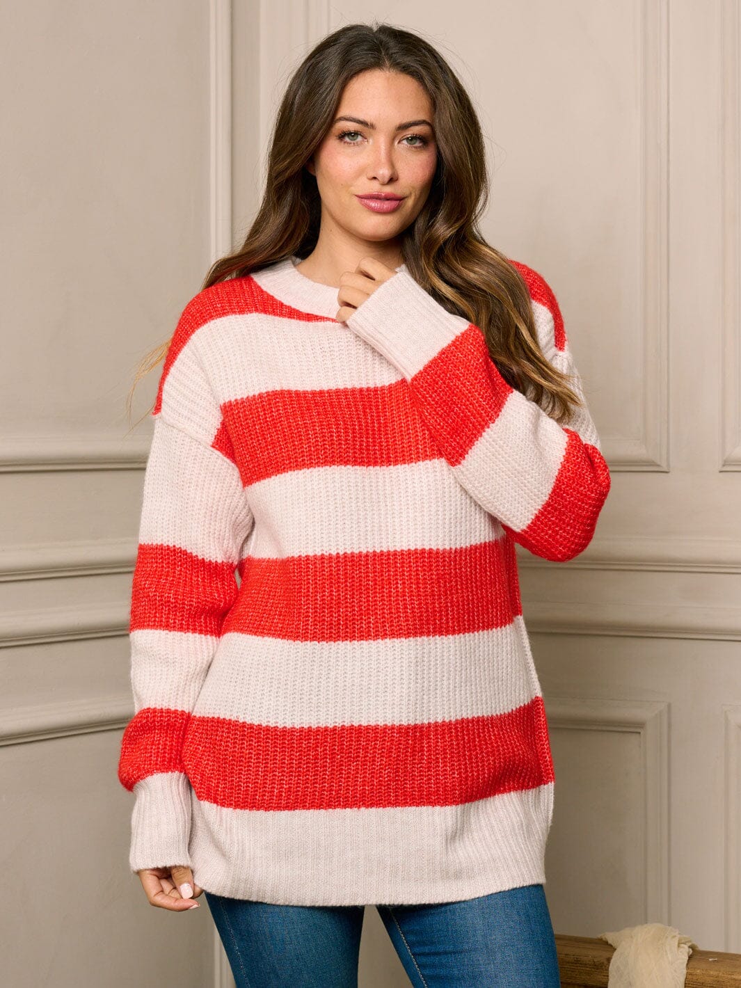 WOMEN'S LONG SLEEVE COLORBLOCK STRIPES PULLOVER SWEATER