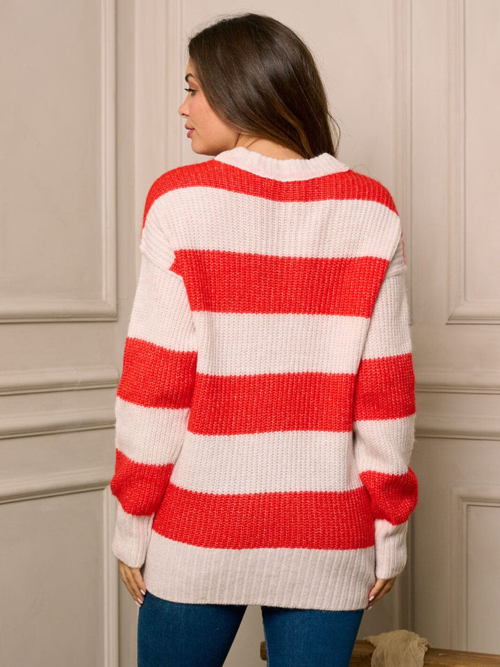 WOMEN'S LONG SLEEVE COLORBLOCK STRIPES PULLOVER SWEATER