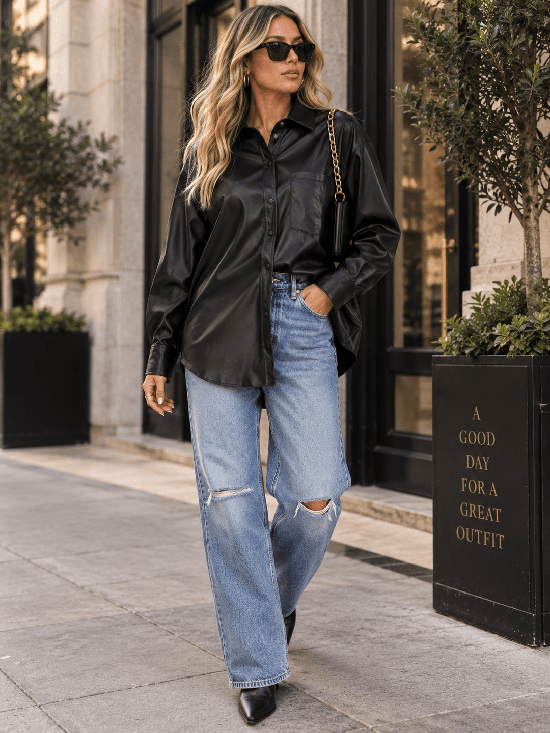 ENTRO WOMEN'S LONG SLEEVE BUTTON UP FRONT POCKET PU PLEATHER SHACKET