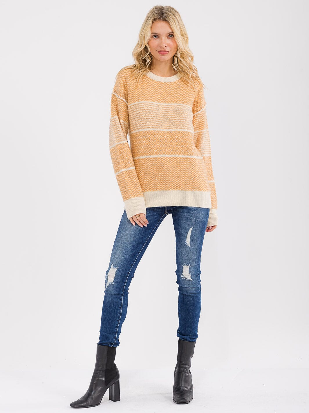 WOMEN'S LONG SLEEVE DETAILED COLORBLOCK KNIT PULLOVER SWEATER
