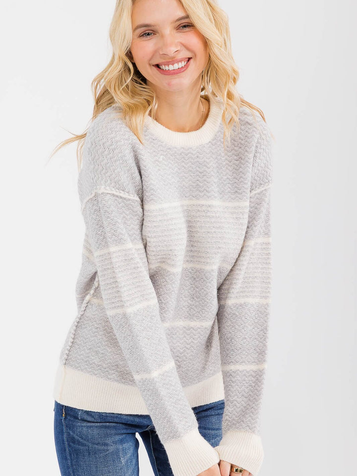 WOMEN'S LONG SLEEVE DETAILED COLORBLOCK KNIT PULLOVER SWEATER